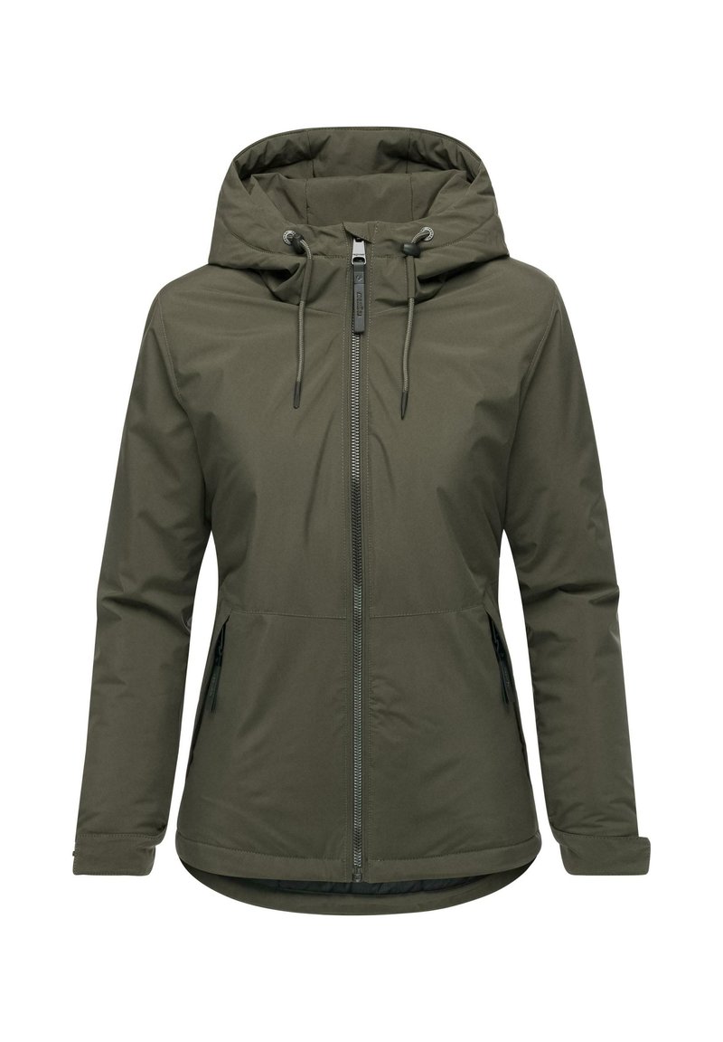 Olivgrön zip-up jacka med huva, utrustad med dragsko, sidofickor och en slät, något glansig tygtextur.