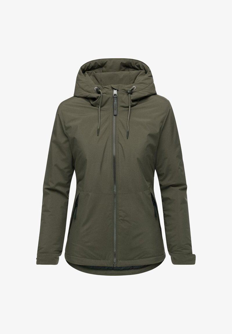 Olivgrön zip-up jacka med huva, utrustad med dragsko, sidofickor och en slät, något glansig tygtextur.