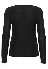 Fekete hosszú ujjú felső csillogó, rugalmas anyagból. Kerek nyakkivágással és testhez simuló szabással. Egyszerű dizájn további részletek nélkül.