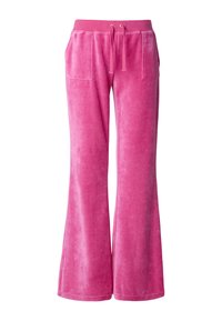 Élénk rózsaszín polár szabadidőnadrág, húzózsinóros derékrésszel, két első zsebbel, bővülő szárú kialakítással és puha tapintású anyagból.