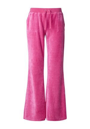 Rausvos spalvos vilnonės sportinės kelnės su raišteliu liemenyje, dviem priekin�ėmis kišenėmis, išsišakojančiomis kojų apačioje ir minkšta textura.