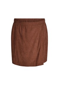 Hnedá plisovaná sukňa s elastickým pásom, vyrobená z texturovanej tkaniny. Dizajn má rovný strih a žiadne ďalšie ozdoby.