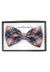 Kratkowy muszki w kolorach granatowym, pomarańczowym i białym; posiada skomplikowany wzór w kratkę; zapakowana w czarne pudełko z nazwą marki.