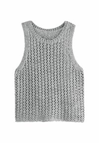 Szary szydełkowany top bez rękawów w krótkiej wersji z okrągłym dekoltem i otwartym splotem, położony na białym tle.