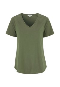 Oliivivärinen lyhythihainen t-paita, jossa on V-kaulus, pehmeää puuvillakangasta ja rento istuvuus, jossa on kaareva helma.