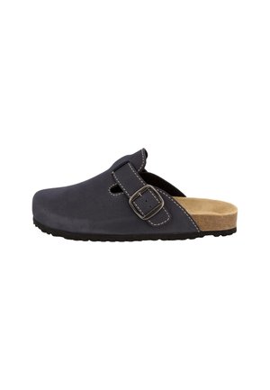 Zoccolo blu navy slip-on con cinturino regolabile con fibbia, soletta imbottita color pesca e suola nera testurizzata.