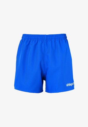 Blå sport shorts lavet af let, glat stof. Har en elastisk talje og hvid "uhlsport" logo på nederste højre side.