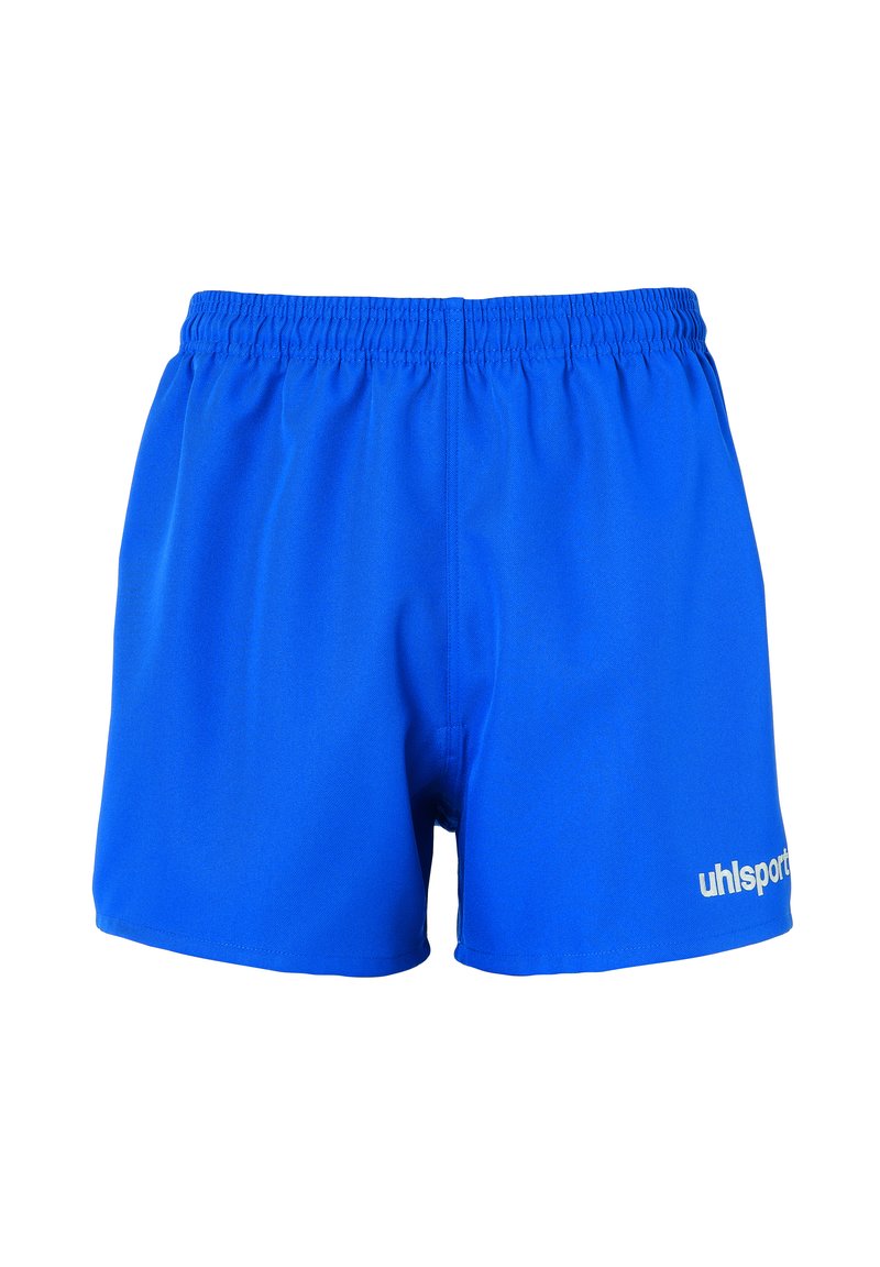 Blauwe sportshorts gemaakt van lichtgewicht, gladde stof. Heeft een elastische tailleband en een witte "uhlsport" logo op de rechteronderzijde.