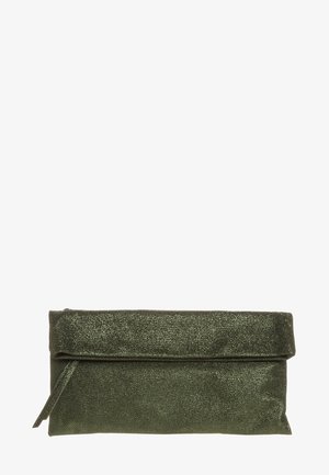 Pochette pliante à texture vert foncé avec fermeture éclair et bracelet de poignet sur le côté gauche.