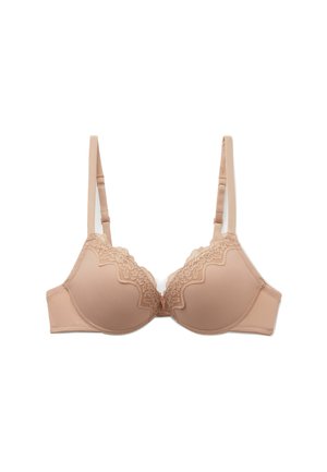 Beige beha met kant langs de bovenkant en verstelbare schouderbanden. Ontworpen met gladde cups en een haak- en oogsluiting aan de achterkant.