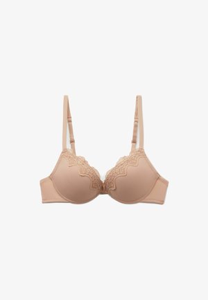 Reggiseno beige con bordo in pizzo lungo la parte superiore e spalline regolabili. Progettato con coppe lisce e chiusura a gancio sul retro.