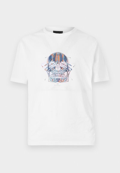 Balts kokvilnas T-krekls ar detaļām bagātu skeleta grafiku zilā, oranžā un sarkanā tonī. Standarta apaļais kakls un īsas piedurknes.