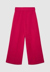 Pantaloni rosa a gamba larga con una texture liscia, caratterizzati da una vita alta e due pieghe frontali per un dettaglio di design aggiuntivo.