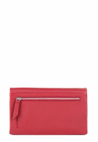 Red leather wallet with a textured surface, featuring a front zip pocket and a sleek rectangular shape. Notable silver zipper detail.