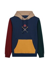 Felpa colorata con cappuccio beige, corpo blu navy, maniche rosse e verdi, e una tasca frontale gialla con un design ricamato a tema sportivo.