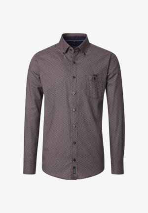Langärmliges Hemd in dunklen Tönen mit einem geometrischen Muster. Verfügt über einen Button-Down-Kragen und eine Brusttasche. Hergestellt aus gewebtem Stoff.