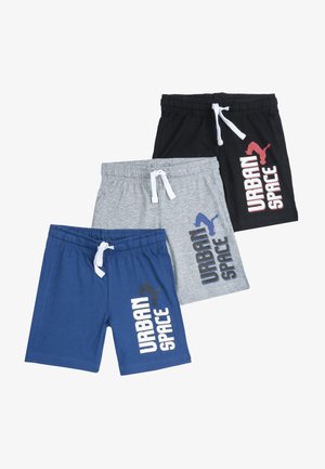 Tre paia di pantaloni corti: blu, grigio e nero. Realizzati in cotone, presentano un elastico in vita con cordini e la scritta “URBAN SPACE” stampata su ciascuno.