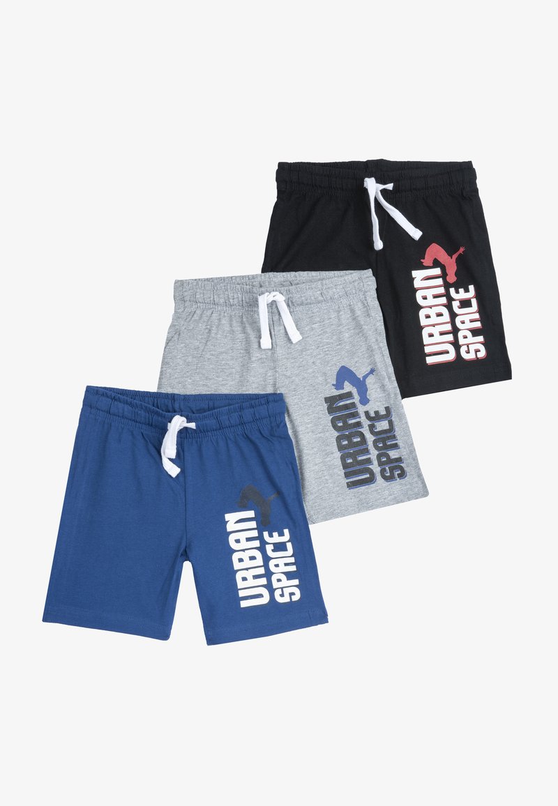 Trzy pary szortów: niebieskie, szare i czarne. Wykonane z bawełny, z elastycznym pasem i sznurkiem, z nadrukiem "URBAN SPACE" na każdej parze.