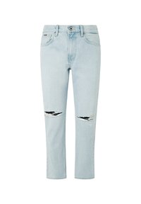 Jeans de mezclilla de color azul claro con desgastes y roturas en ambas rodillas, cierre frontal de botón, trabillas para cinturón y bolsillos delanteros.