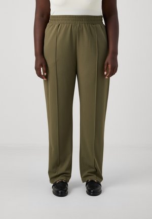 Olive green trousers with a wide leg, elasticated waistband, and two side pockets. Made from soft fabric with a smooth texture.