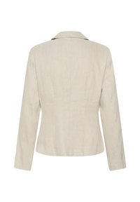Blazer beige pour femme vu de dos, avec des manches longues, une coupe ajustée et un col classique.