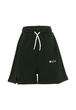 Pantaloncini con vita elasticizzata verde scuro, coulisse bianca e piccolo logo MSGM colorato sulla gamba anteriore destra.