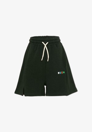 Shorts à taille élastique vert foncé avec cordon blanc et petit logo MSGM coloré sur la face avant de la jambe droite.