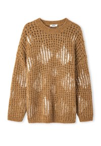 Sweter dzianinowy w ciepłym złotym kolorze, z otwartym splotem i zdobieniami w postaci cekinów. Okrągły dekolt i luźny fason z opadniętymi ramionami dla wygody.