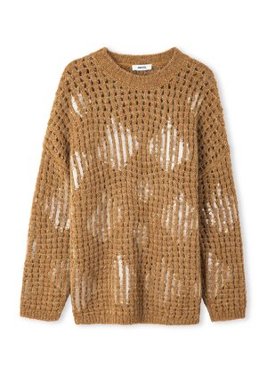 Gebreide trui in warm goud, met een open weefstructuur en paillettenaccenten. Ronde halslijn en een losse pasvorm met verlaagde schouders voor extra comfort.