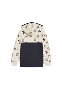 Sudadera con capucha de parte superior crema, con estampados en negro y rojo, y una sección inferior en azul marino. Tejido suave, dobladillo y puños acanalados.