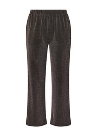 Zwart en rood geruit wijde broek met een elastische tailleband en rechte pijpen op een witte achtergrond.
