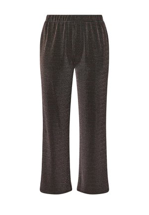 Zwart en rood geruit wijde broek met een elastische tailleband en rechte pijpen op een witte achtergrond.