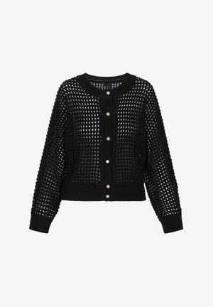 Cárdigan negro de punto con un diseño de malla, mangas largas, puños y dobladillo de canalé, y cinco botones decorativos en el frente.