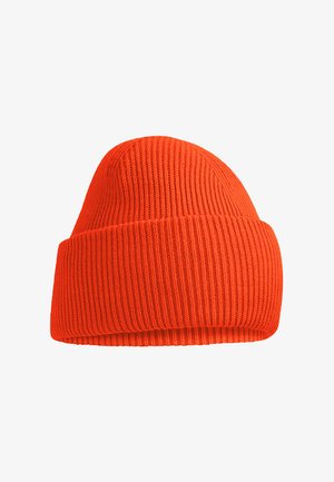 Bright orange knitted beanie with a wide folded cuff, ribbed texture, displayed against a plain white background.