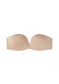 Strapless, gevormde beha in lichtbeige, gemaakt van gladde stof met een naadloos ontwerp. Kenmerkt een beugels voor ondersteuning en een zachte textuur.