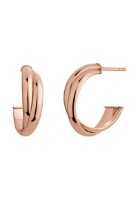 Pendientes de aro en oro rosa con un diseño retorcido, que cuentan con una superficie lisa y reflectante y un cierre de espiga seguro.