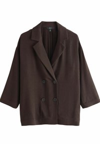 Braune doppelte Blazerjacke aus strukturiertem Stoff, mit abgesetztem Revers, vorderen Knöpfen und Dreiviertelärmeln.