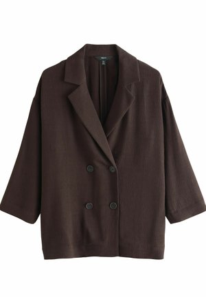Brown double-breasted jacket made of textured fabric, featuring a notched lapel, front buttons, and three-quarter sleeves.