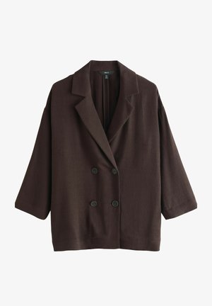 Brun dobbeltbrystet jakke lavet af struktureret stof, med notched reverse, frontknapper og trekvartærmer.