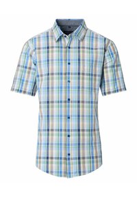 Korte mouw knoopshirt in een blauw, groen en beige geruit patroon, met een kraag en blauwe knopen. Van katoen of een blend materiaal.