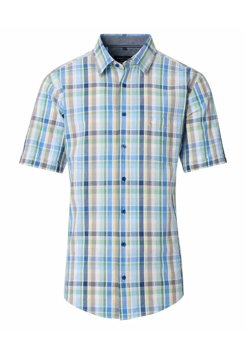 Korte mouw knoopshirt in een blauw, groen en beige geruit patroon, met een kraag en blauwe knopen. Van katoen of een blend materiaal.