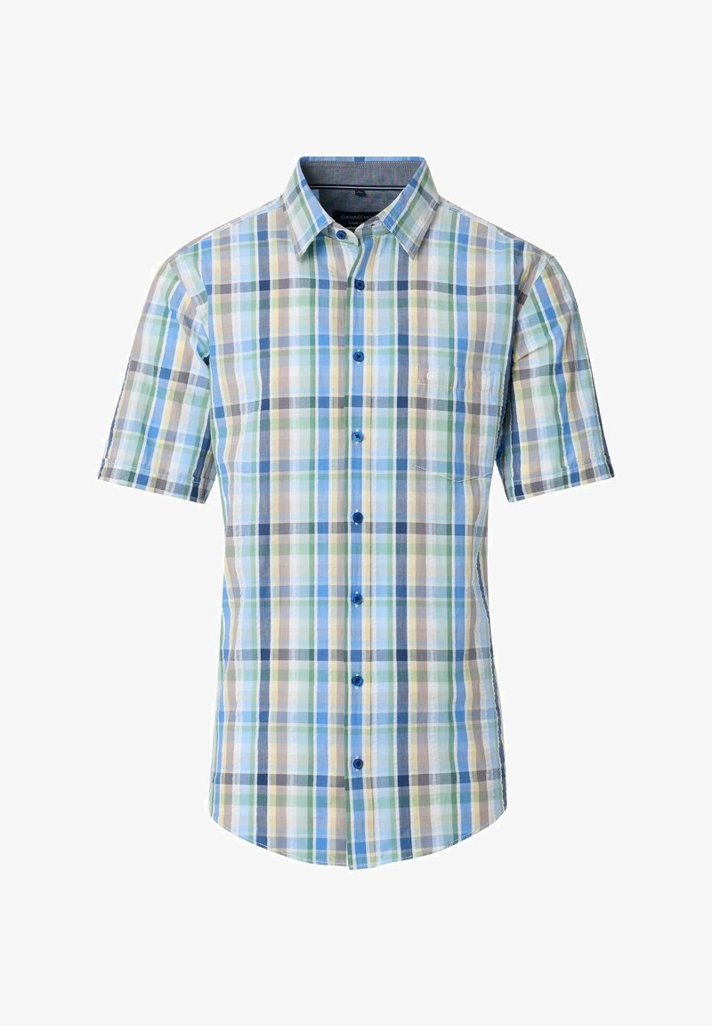 Korte mouw knoopshirt in een blauw, groen en beige geruit patroon, met een kraag en blauwe knopen. Van katoen of een blend materiaal.