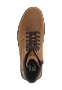 Stivaletto in pelle marrone con lacci, suola nera e zip laterale, visto dal sopra, che mostra il colletto imbottito e i dettagli di cucitura.