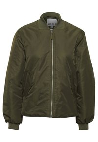 Veste bomber vert olive en nylon lisse avec fermeture éclair à l'avant, col et poignets côtelés, dotée de deux poches avant et d'un détail de zip sur les épaules.