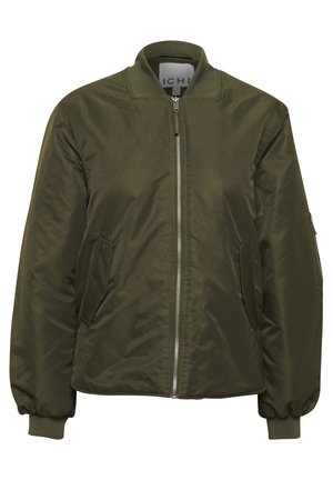 Olivově zelená bomber bunda vyrobená z hladkého nylonu se zipem vpředu, žebrovaným límcem a manžetami, obsahující dvě přední kapsy a detail bočního zipu na rameni.