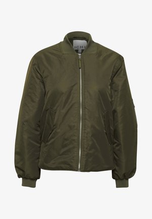 Õlivärvi bomber-stiilis jakk, mis on valmistatud siledast nailonist, ees on lukk, ribatud krae ja mansetid, kahel eesmisel taskul ning õla peal on lukuga detail.