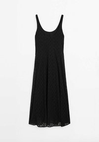 Robe midi noire sans manches avec encolure dégagée et superposition de dentelle à motif losange sur fond uni.