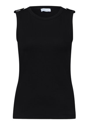 Top noir sans manches en maille côtelée avec encolure ronde et détails de boutons sur les deux épaules, coupe ajustée.