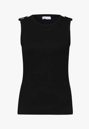Top noir sans manches en maille côtelée avec encolure ronde et détails de boutons sur les deux épaules, coupe ajustée.