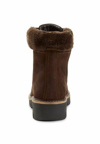 Brune læder ankelstøvle med blød brun pelsfor, kontrastsyede detaljer og gummisål. Kort skaft design med rundet bagkappe.